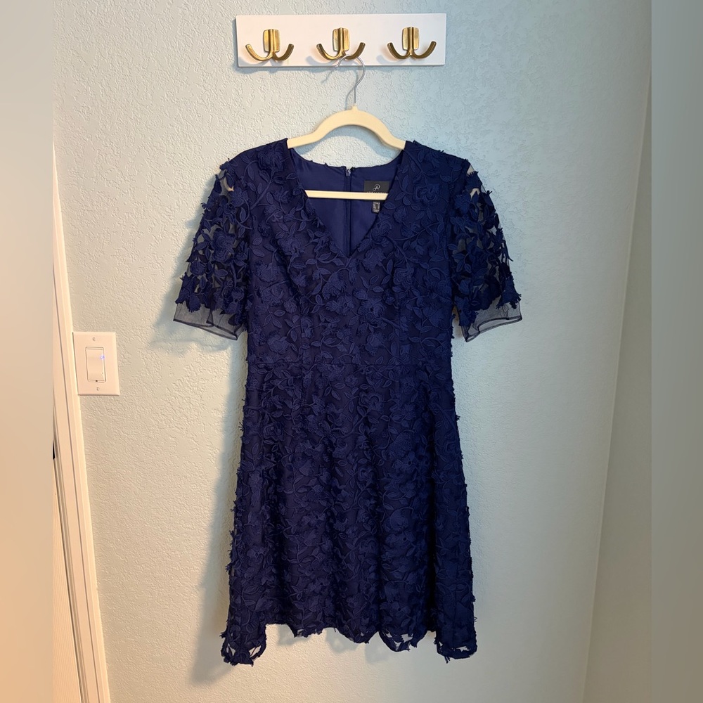 Adrianna Papell Deep Blue Floral Lace Midi Dress